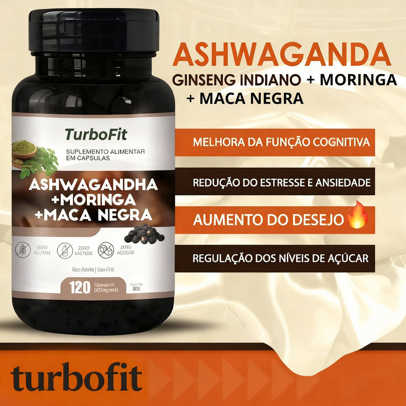 Ashwaguandha + Moringa + Maca Negra 100%pura e natural