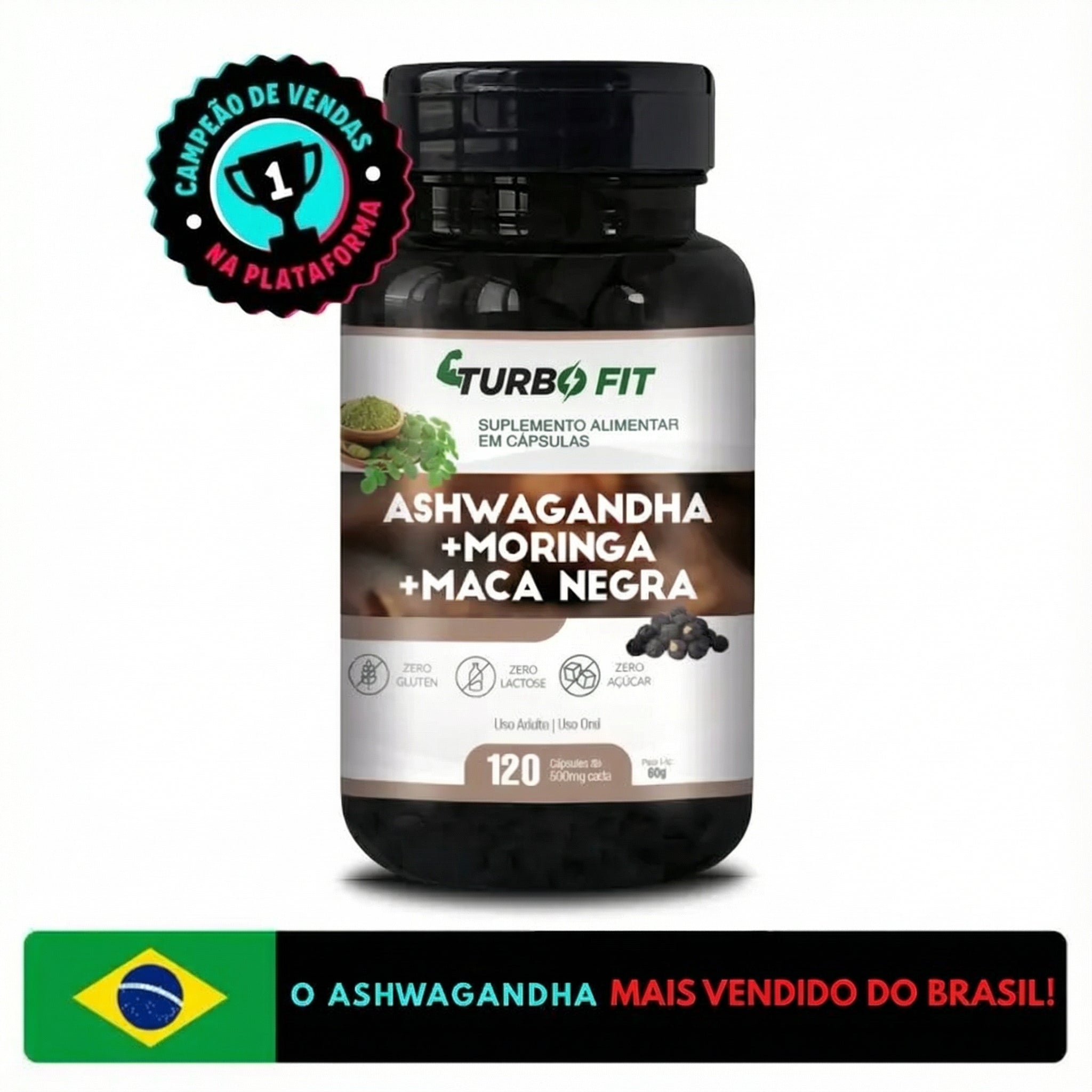 Ashwaguandha + Moringa + Maca Negra 100%pura e natural