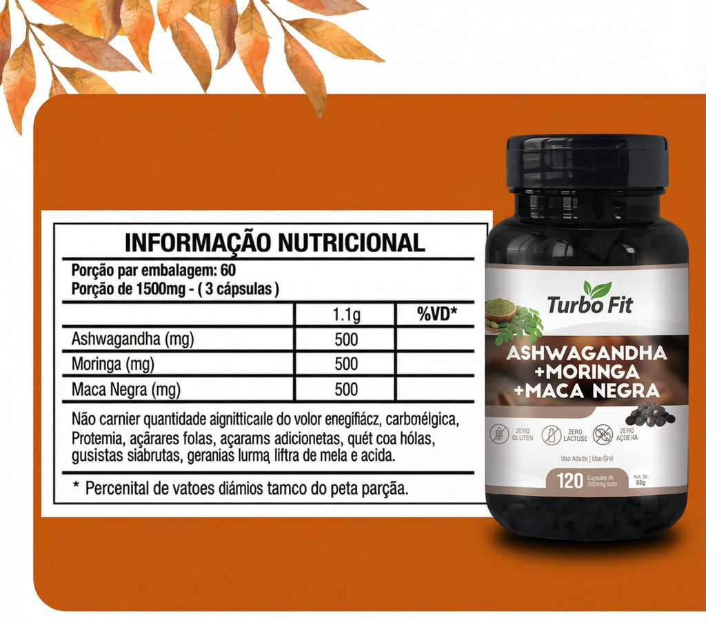 Ashwaguandha + Moringa + Maca Negra 100%pura e natural